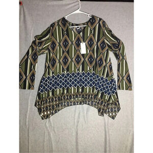 Womens NWT Kaktus Blouse Size Medium Earth Tones Asymmetric Hem Abstract